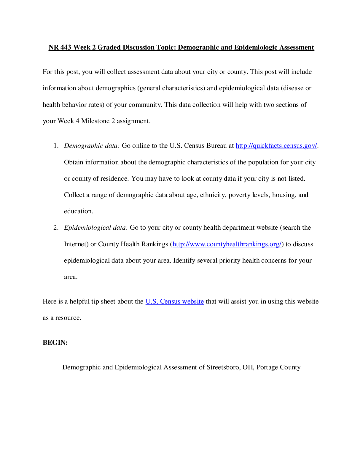 Preview image for NR 443 Week 2 Graded Discussion Topic: Demographic and Epidemiologic Assessment